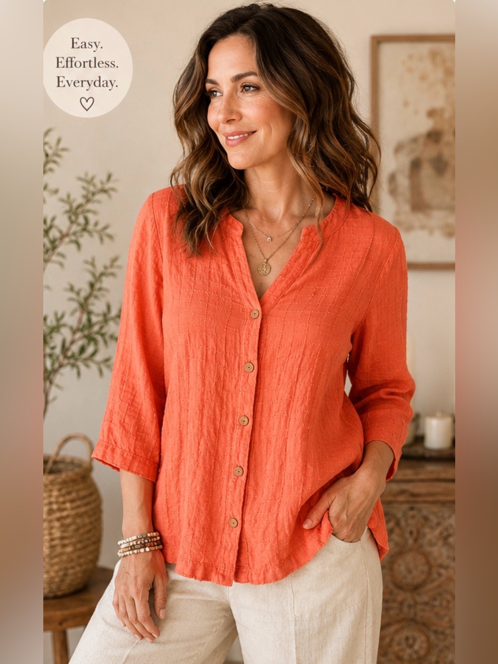 Mejic USA 100% Linen Textured Button Front Blouse Coral Orange Size M NWT
